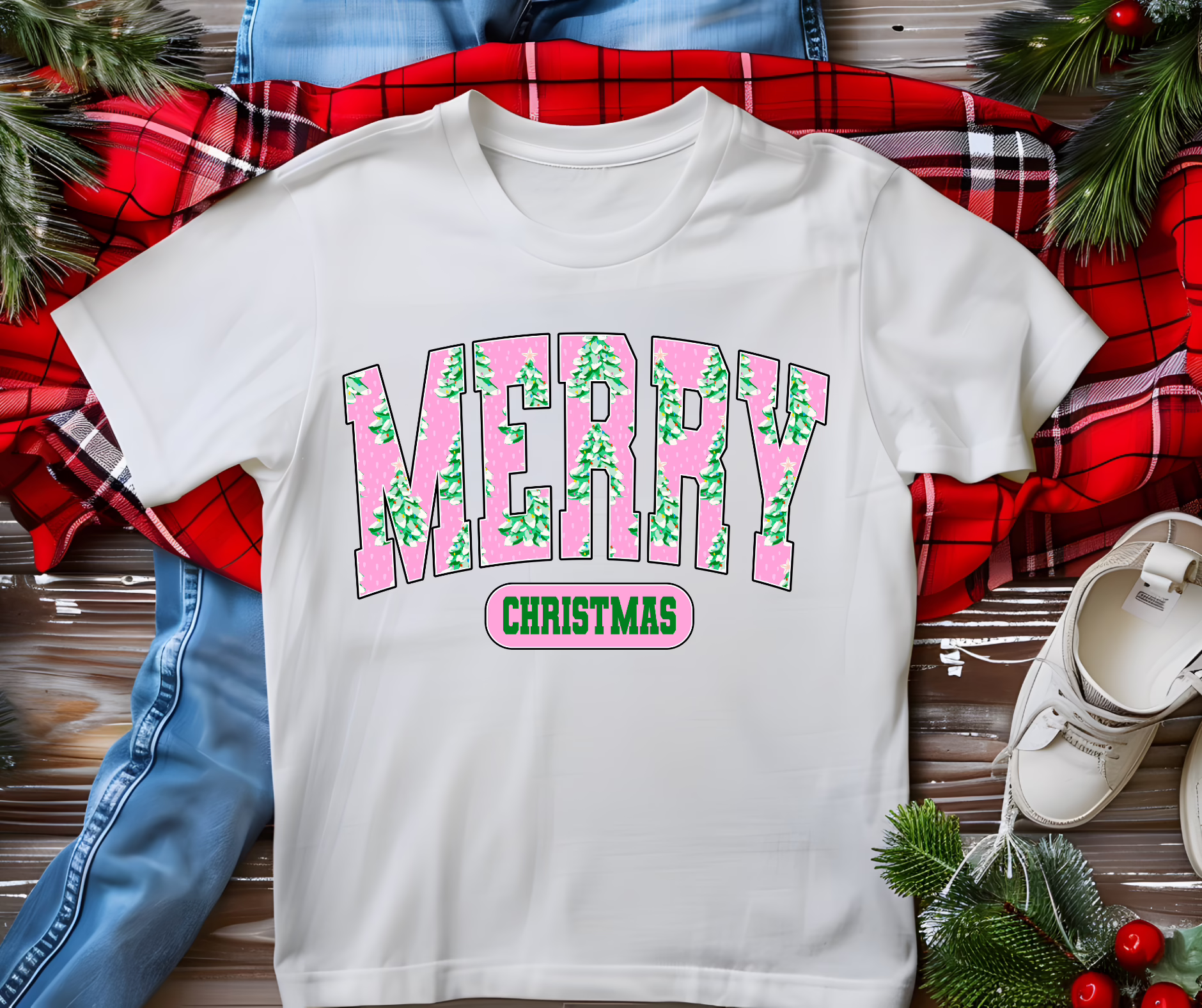 Merry Christmas Pink with Christmas Trees Merry Christmas Pink with Christmas Trees